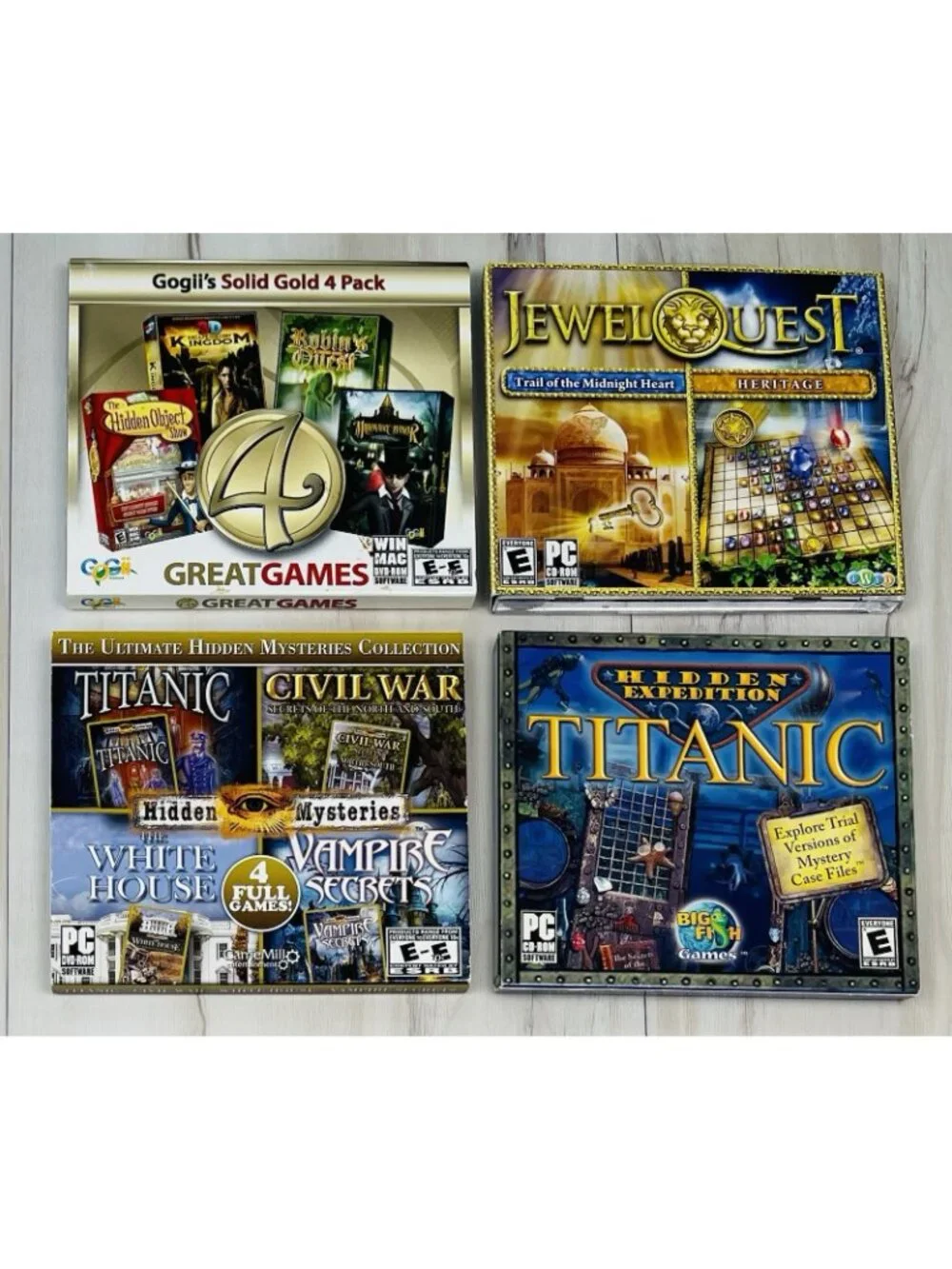 Lot 7 Windows PC GAMES CD-Rom Hidden Mysteries JewelQuest Bejeweled Titanic Card